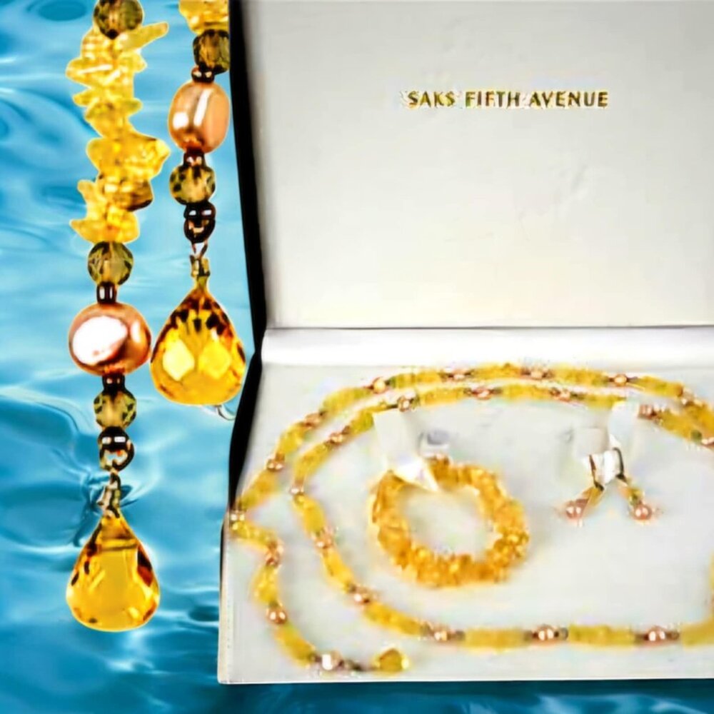 Saks Fifth citrine chip faceted stone necklace with pearls earrings bracelet set